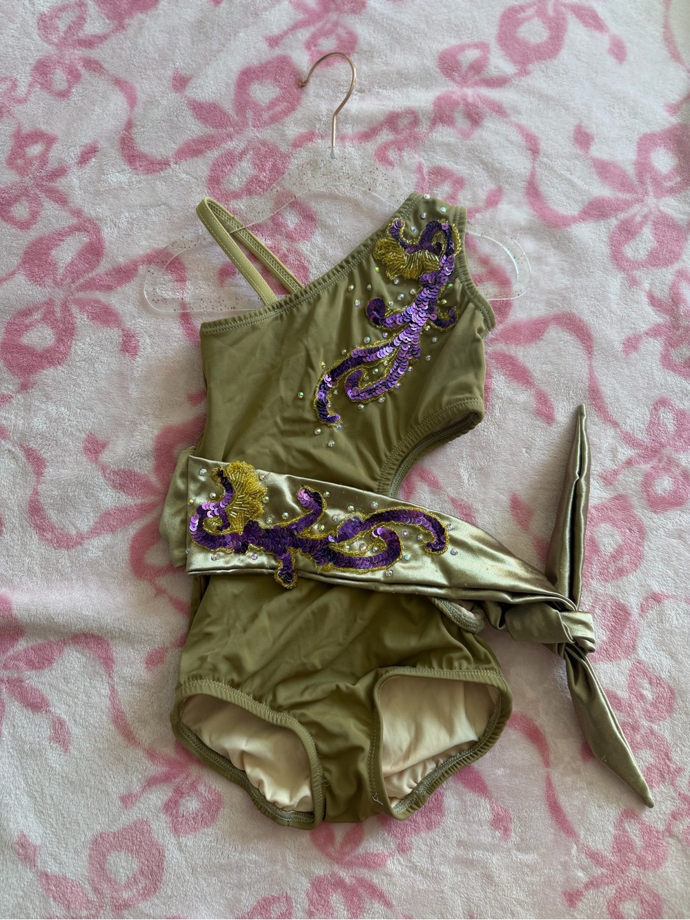 Gold One-Shoulder Kids Dance Leotard with Sequined Detail. Hercules Inspired.